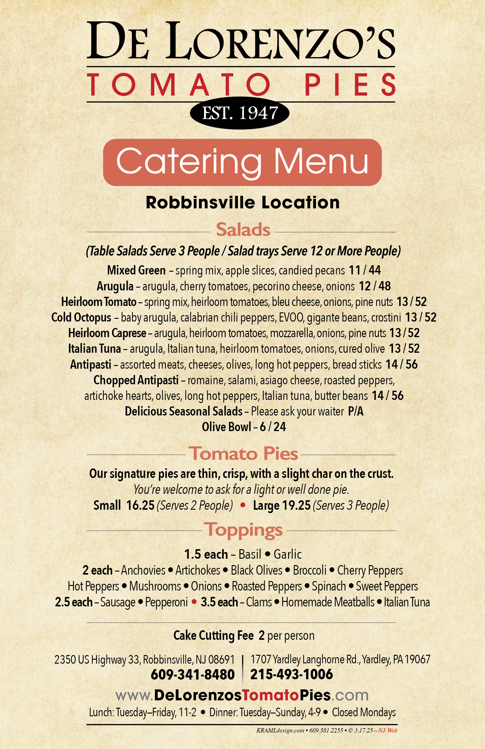 MENUS — De Lorenzo's Tomato Pies Est. 1947